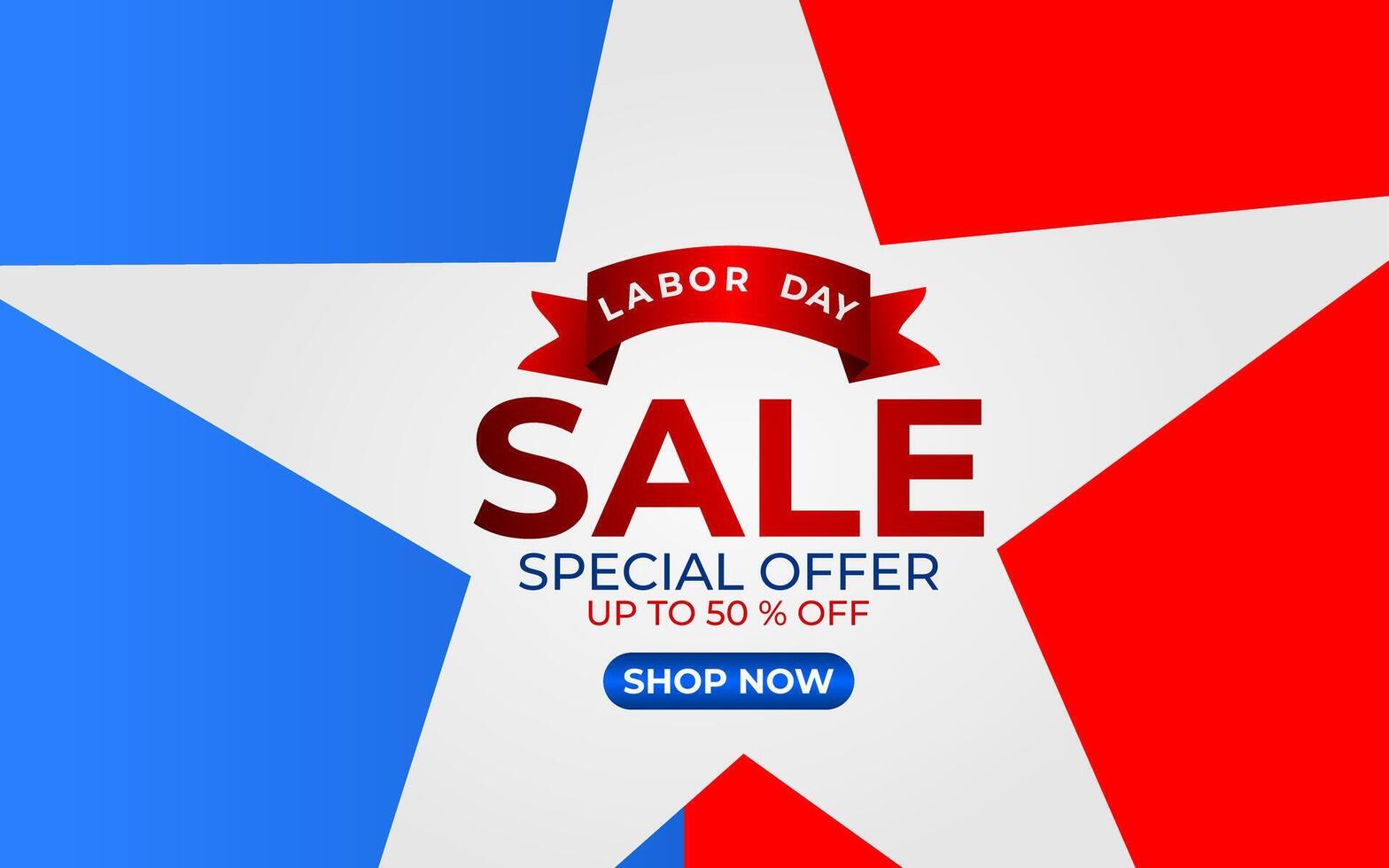 Labor Day Sale- Special Offer up to 50 percent off Shop Now on big white star. The big star on red and blue background. vector