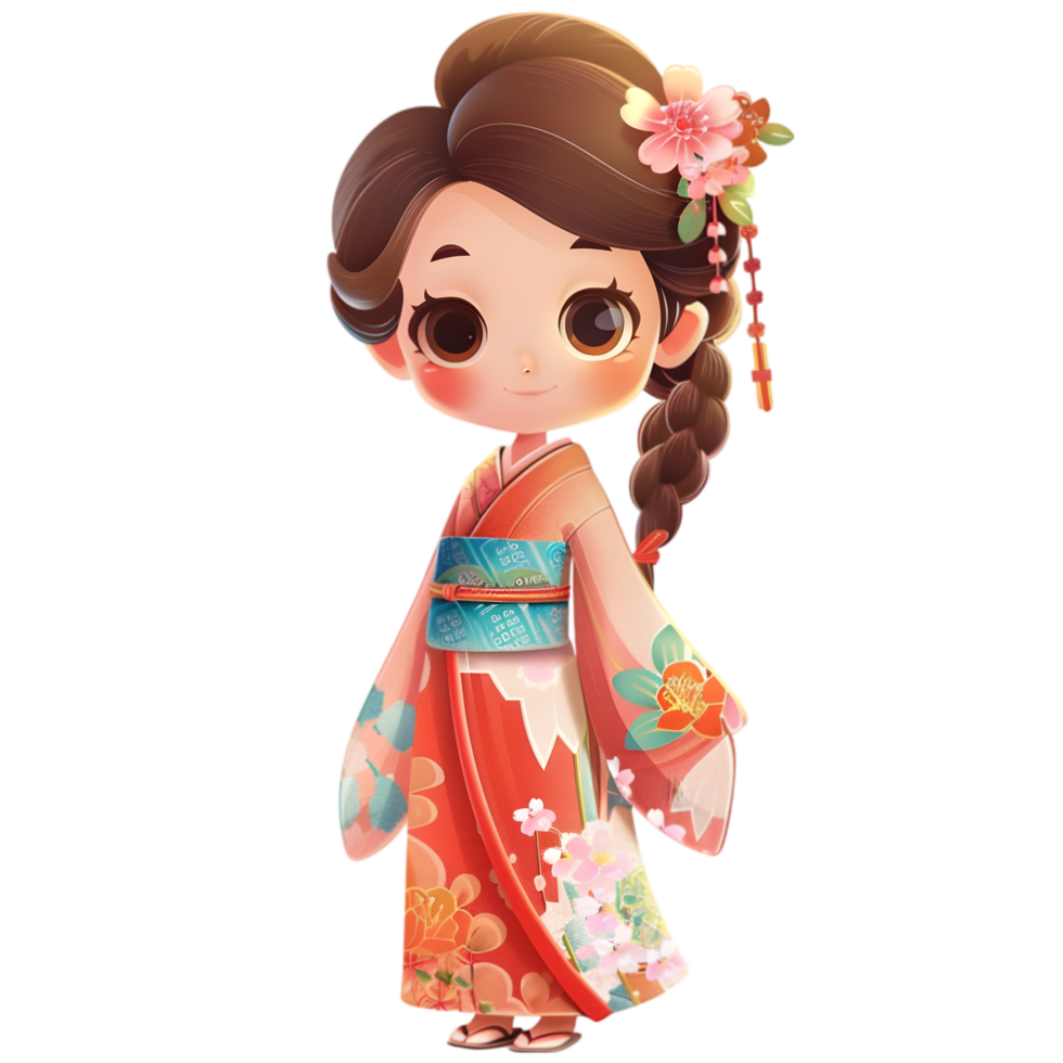 Japanese Cute Cartoon Girl in Red Orange Floral Gown Traditional Elegance png