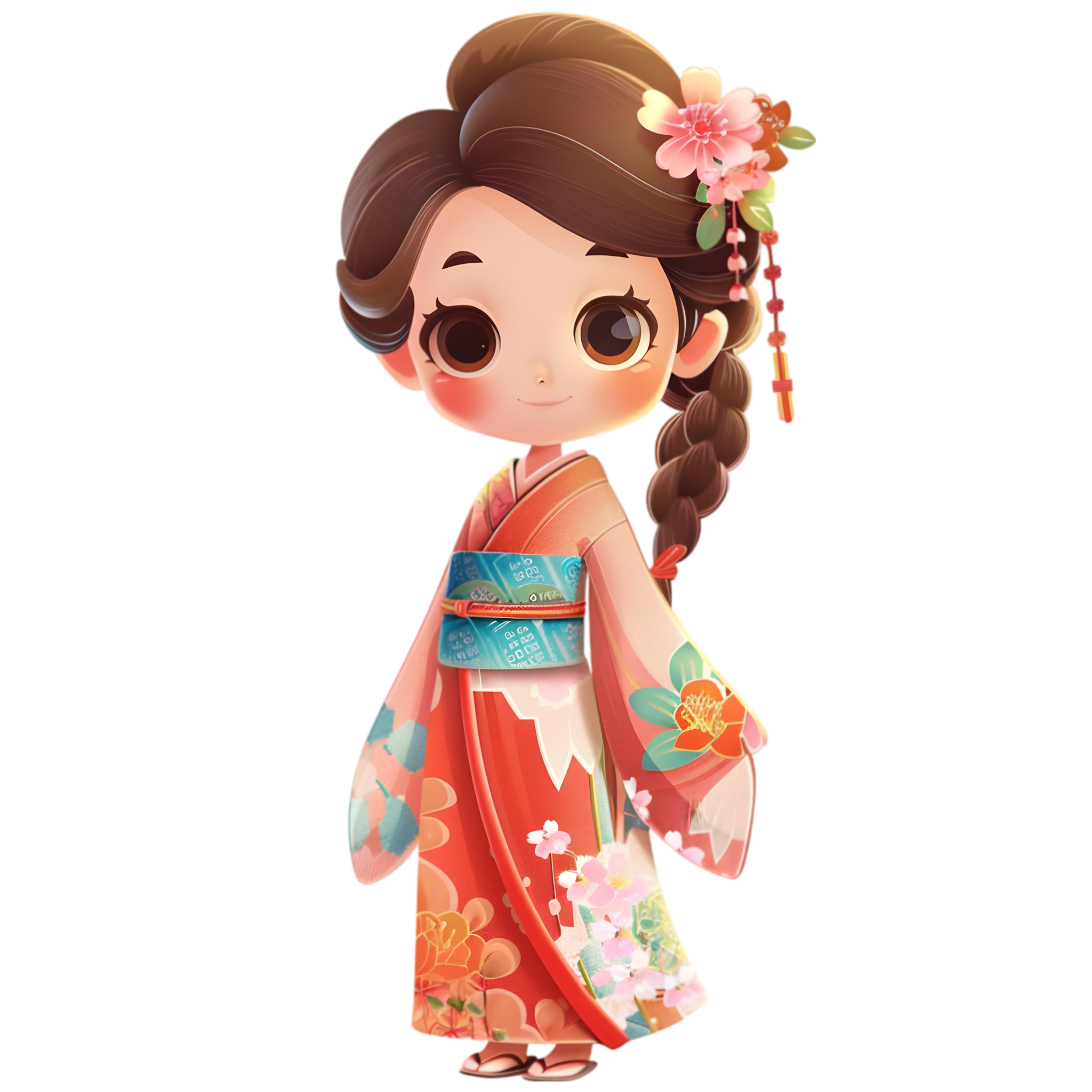 Japanese Cute Cartoon Girl in Red Orange Floral Gown Traditional