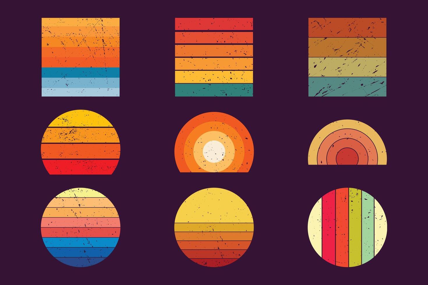 Retro Vintage Striped Circle and Stripe Pattern. illustration. Retro Sunset grunge Art Bundle vector