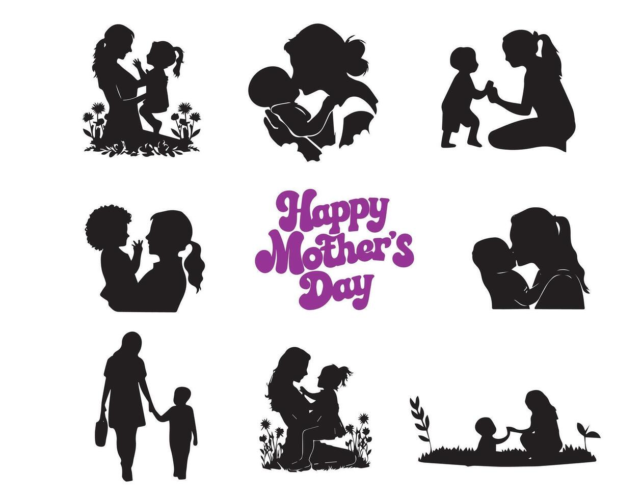 Silhouette set of a mother and son on white background vector