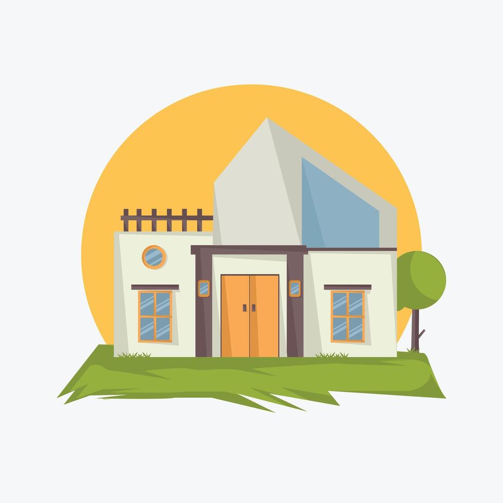 White house with blue roof and tree in front vector