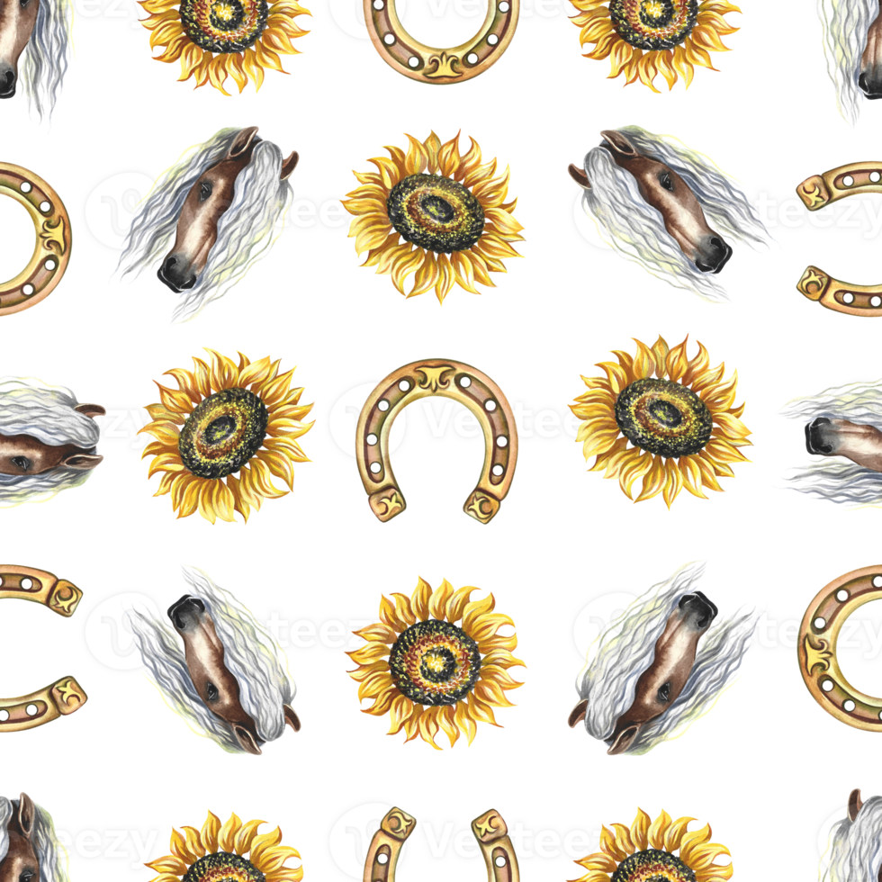 Seamless pattern with horse portrait, horseshoe and sunflower. Watercolor painted by hand. For printing, textiles png