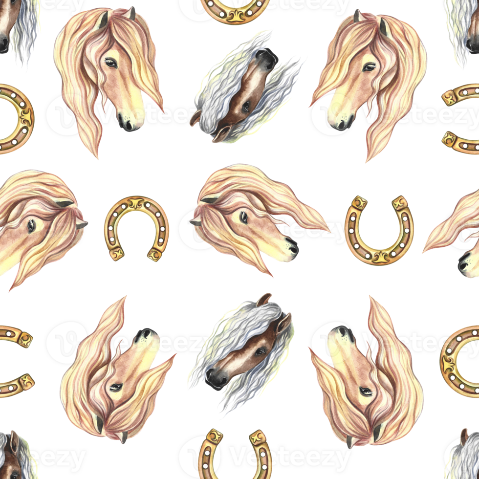 Seamless pattern with a portrait of a horse and a horseshoe. Watercolor painted by hand. For printing textiles and label png