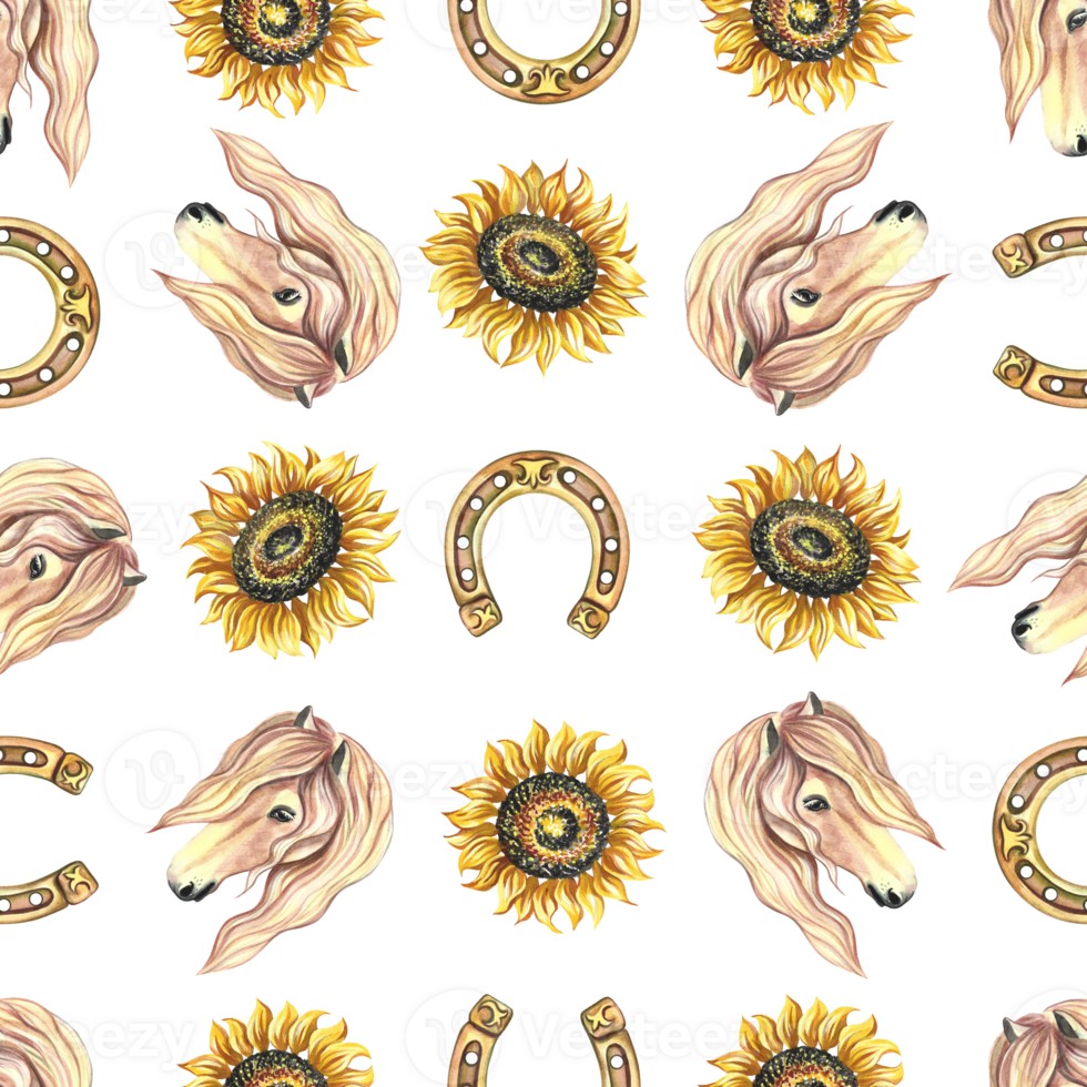 Seamless pattern with horse portrait, horseshoe and sunflower. Watercolor painted by hand. For printing, textiles png