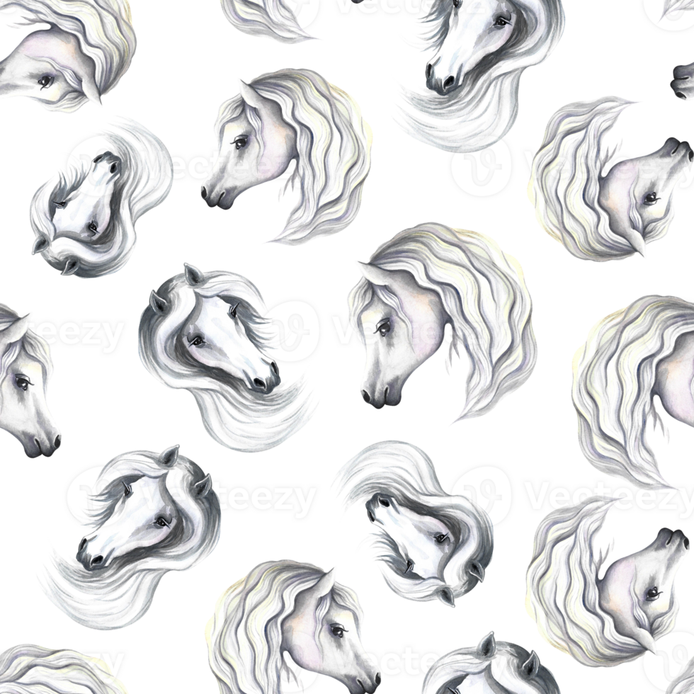 Seamless pattern with portraits of white horses. Handmade watercolor. For printing, textiles and labels. png