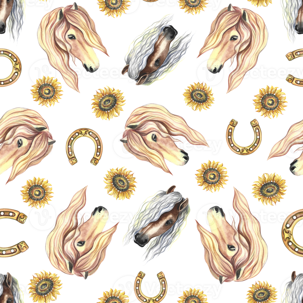 Seamless pattern with horse portrait, horseshoe and sunflower. Watercolor painted by hand. For printing, textiles png