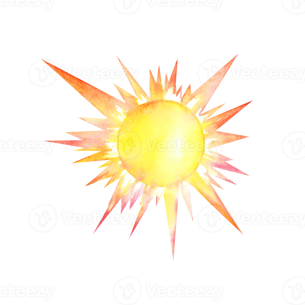 Sun, hand drawn watercolor illustration. Isolate. Designed for flyers, banners and postcards. For invitations, posters and labels. For packaging and decoration. png
