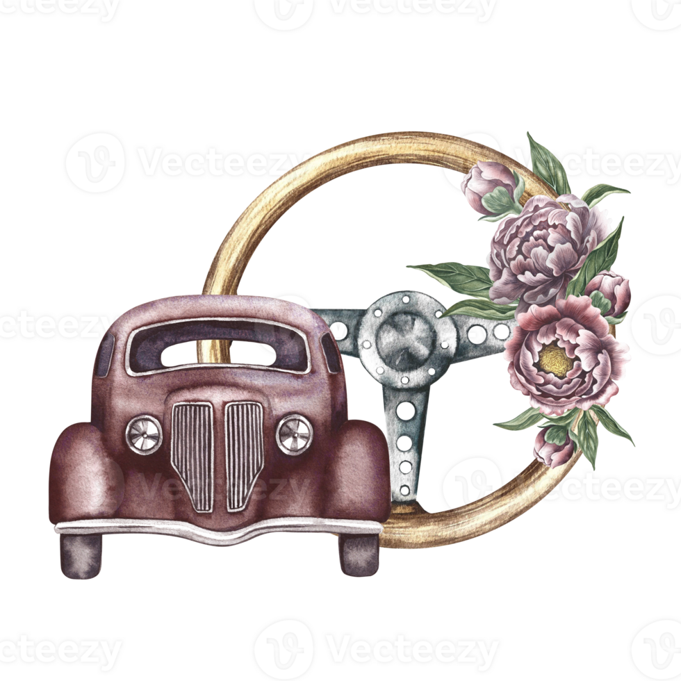 Vintage retro car front view. Antique wooden steering wheel decorated with vintage flowers. Watercolor illustration, made by hand, in isolation. For banner, flyer, poster, for print, sticker, postcard png