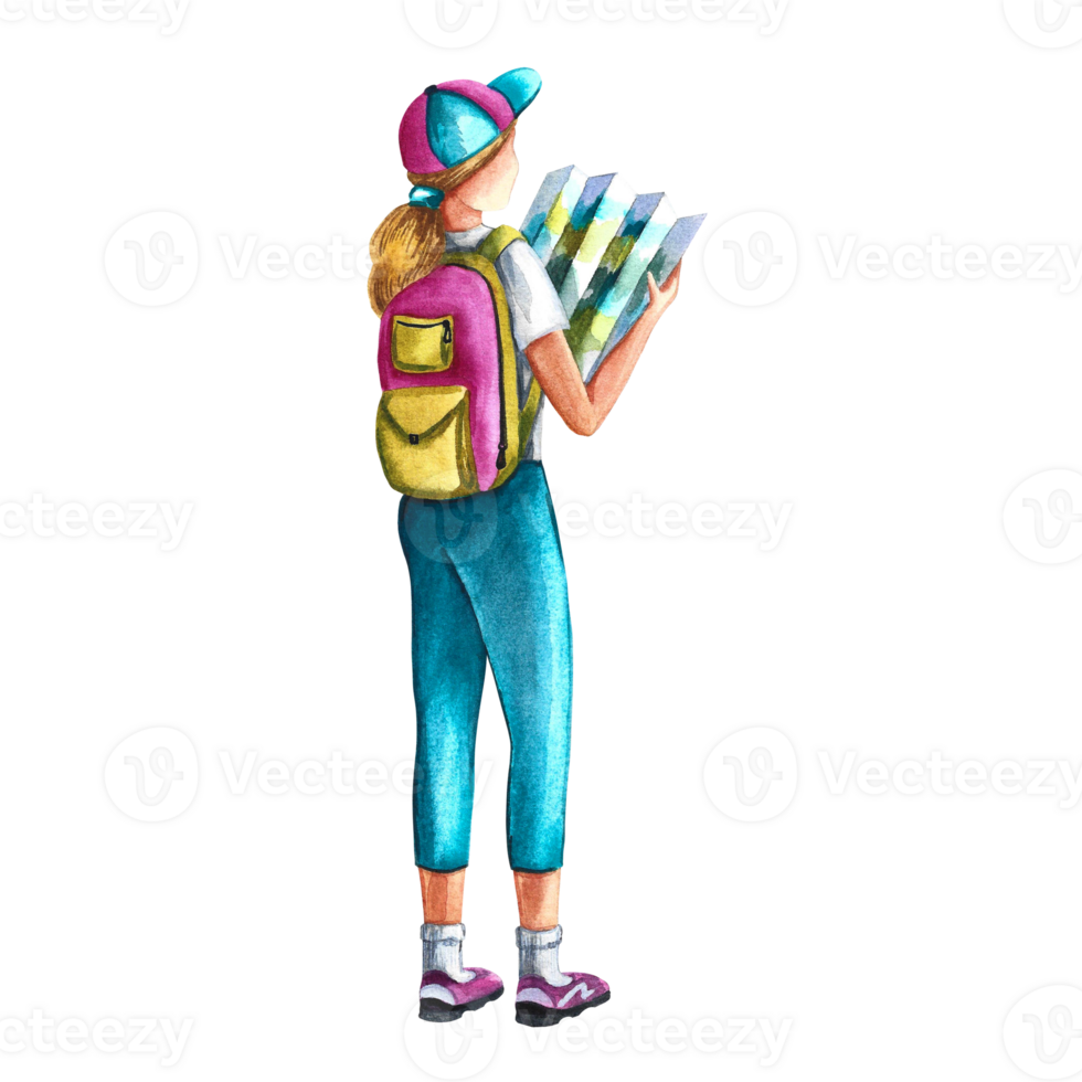 woman tourist with a map, back view. Isolated, watercolor hand drawn illustration. Designed for flyers, banners and postcards. For invitations, posters, for stickers and prints. png