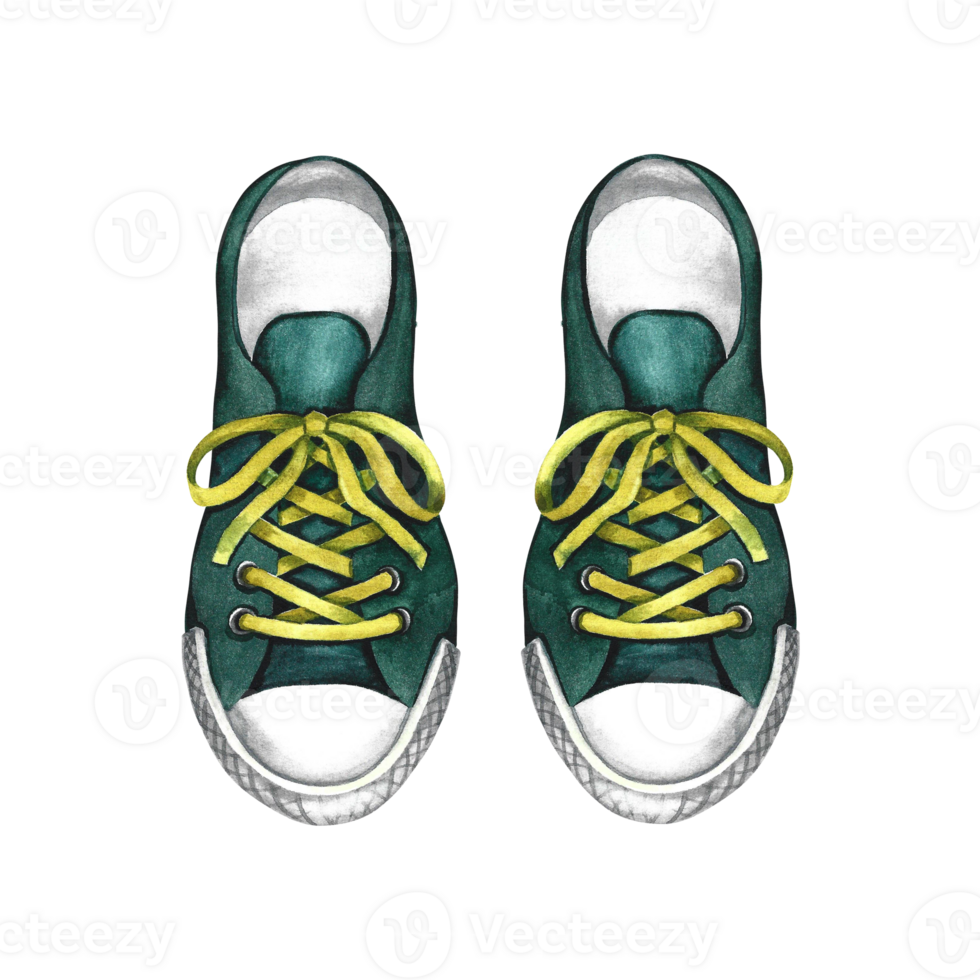 The sneakers are green. sport shoes. isolated, watercolor hand drawn illustration. Designed for flyers, banners and postcards. For invitations, posters and labels. png