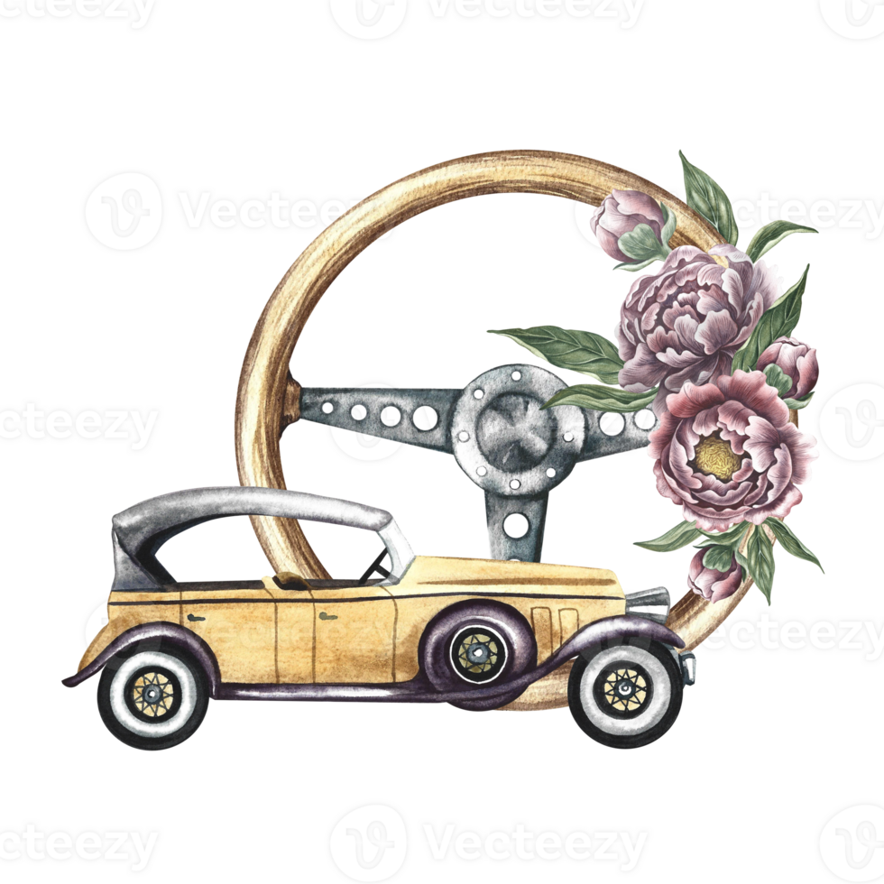 Vintage retro car. Antique wooden steering wheel decorated with vintage flowers. Watercolor illustration, made by hand, in isolation. For banners, flyers, posters. For prints, stickers, postcards. png