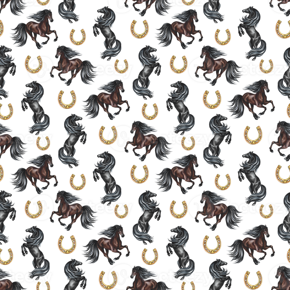 Seamless pattern with horses and horseshoes. Watercolor painted by hand. For printing, textiles and labels. png