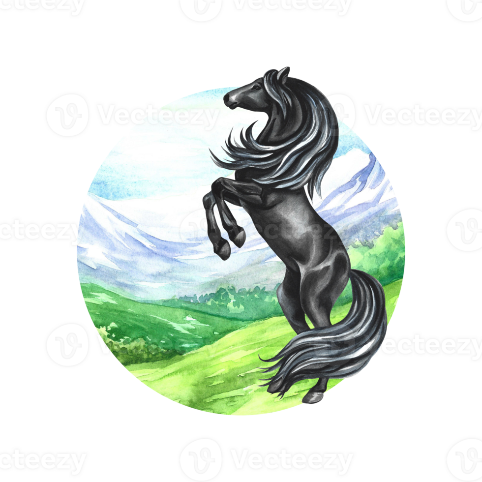 en svart häst bakdelar upp mot de bakgrund av en berg landskap i en cirkel. hand vattenfärg. för utskrift och märka png