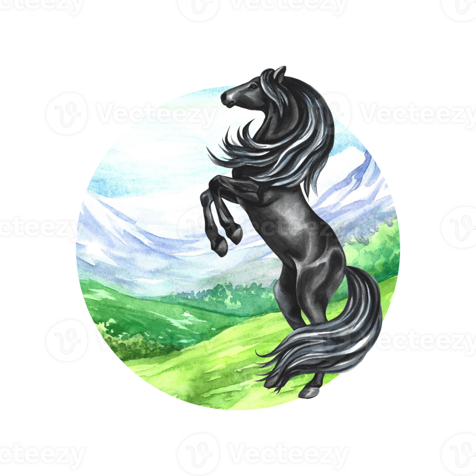 A black horse rears up against the backdrop of a mountain landscape in a circle. Hand watercolor. For printing and label png