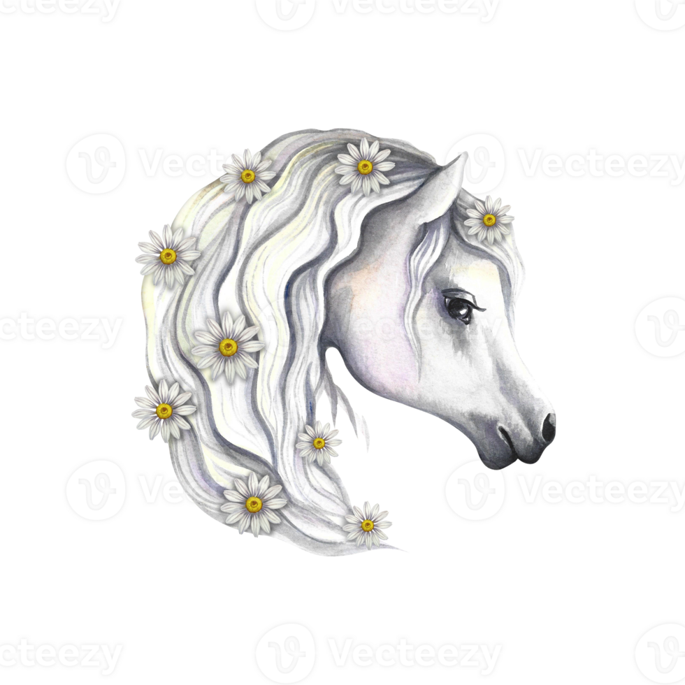 Portrait of a white horse decorated with daisies. Watercolor handmade. For printing, stickers and labels. png