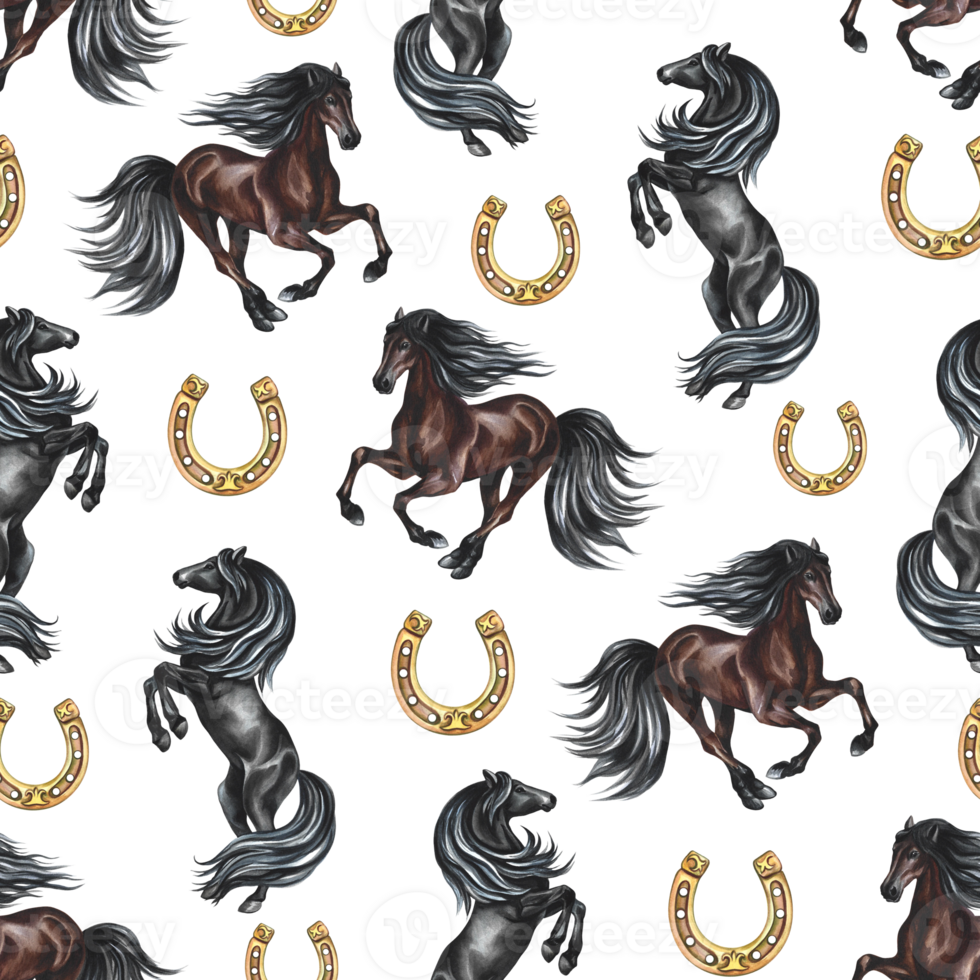 Seamless pattern with horses and horseshoes. Watercolor painted by hand. For printing, textiles and labels. png