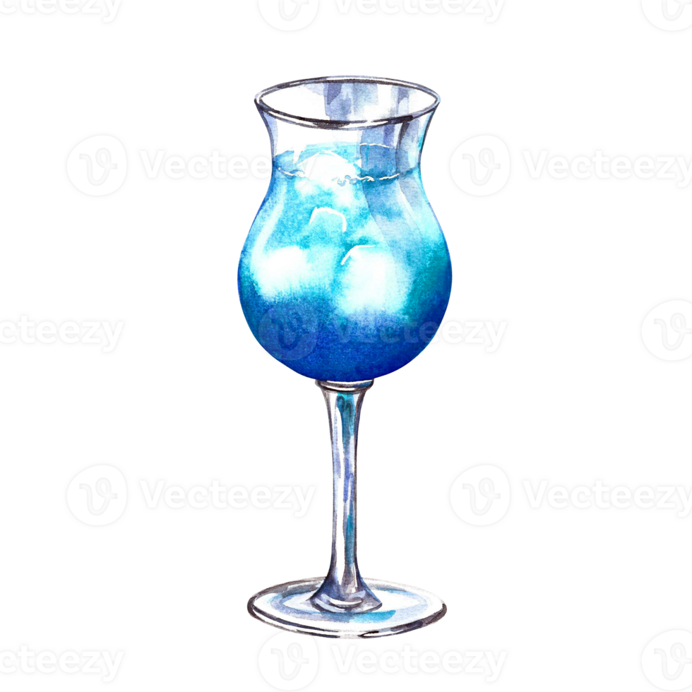 Blue Hawaiian alcoholic cocktail with ice cubes. Isolated. Watercolor hand drawn illustration. Designed for menus, flyers, banners. For invitations, labels and packaging. png