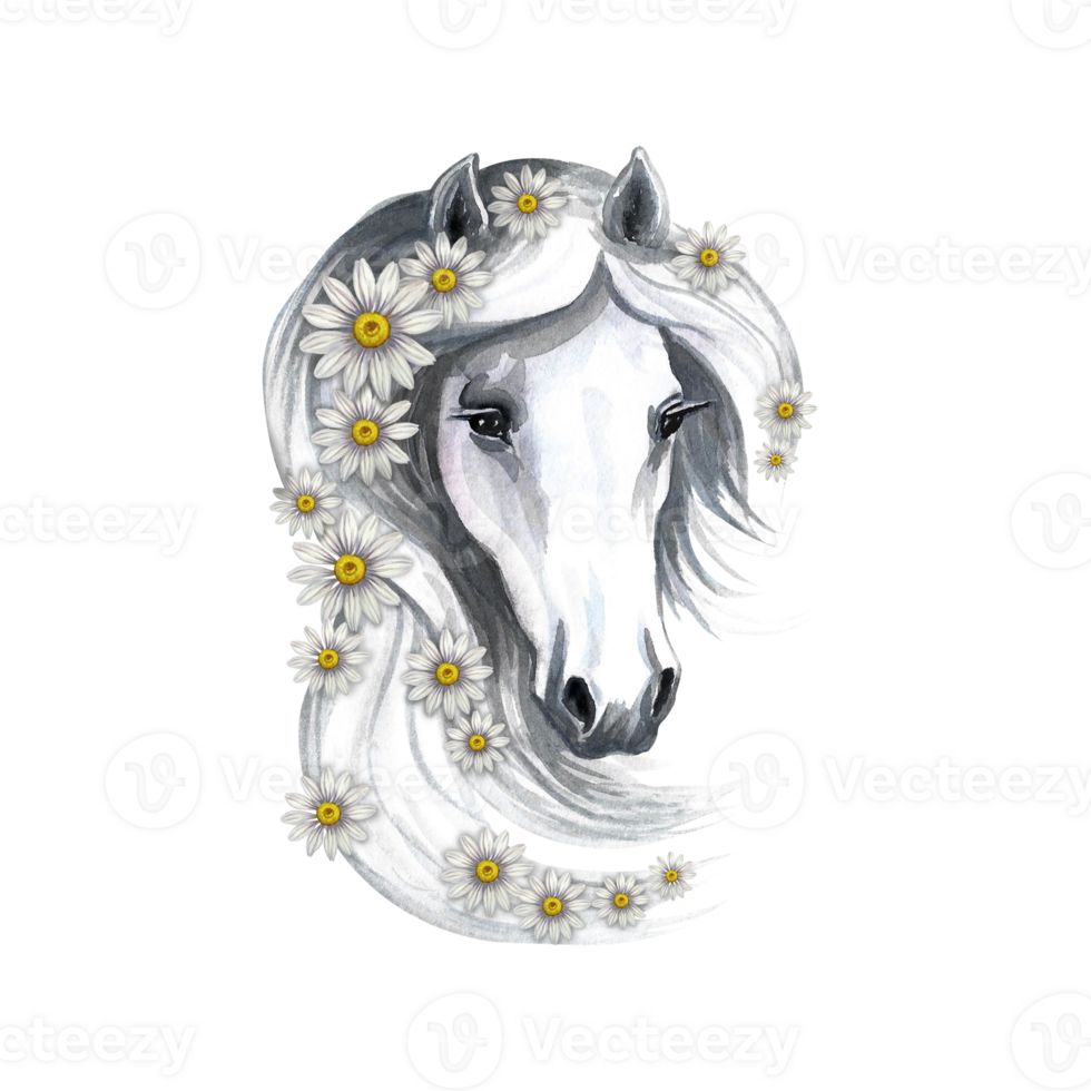 Portrait of a white horse decorated with daisies. Watercolor handmade. For printing, stickers and labels. png