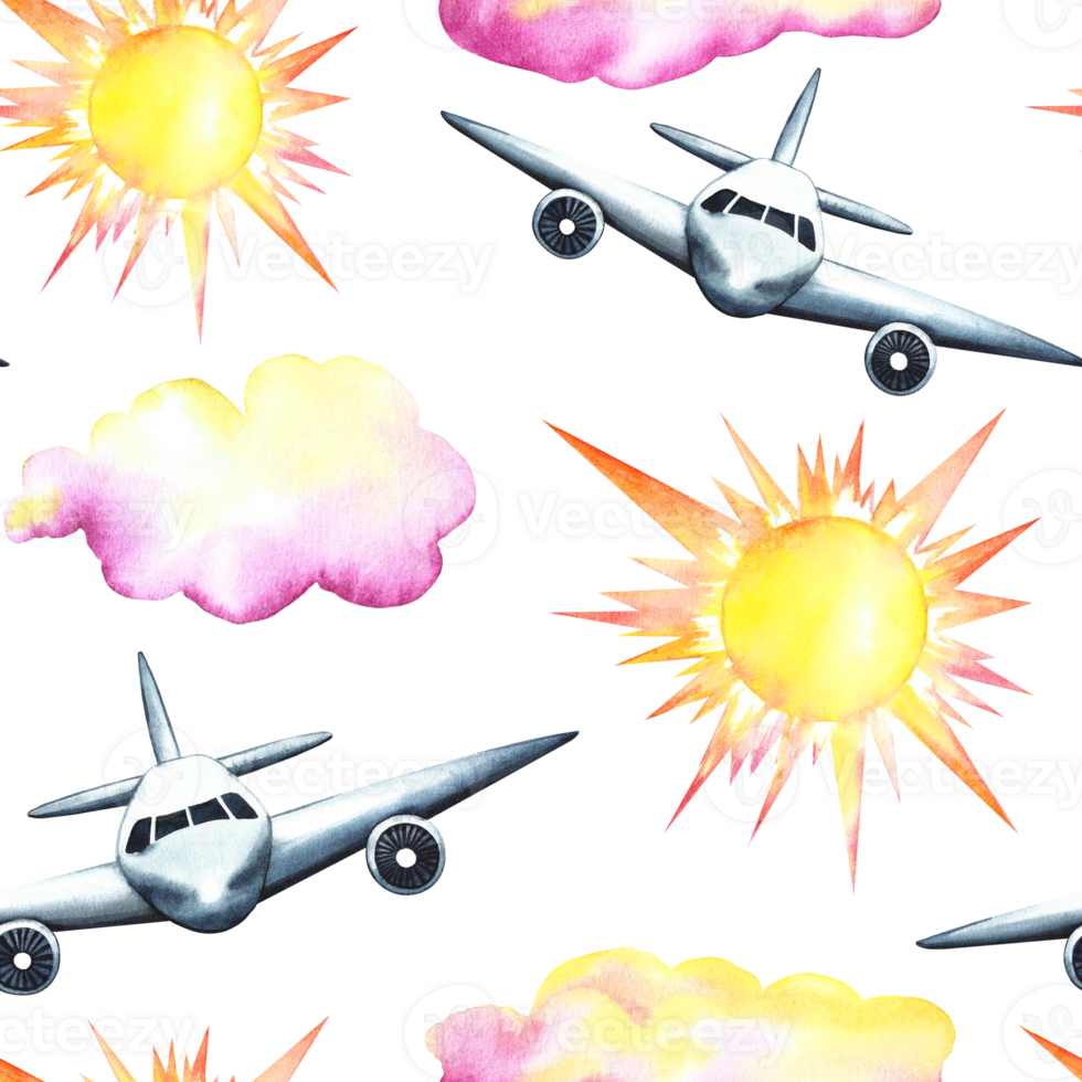 Seamless pattern with passenger planes, sun and clouds. Watercolor hand drawn illustration. Designed for backgrounds, flyers, banners. For labels, packaging and textiles. png