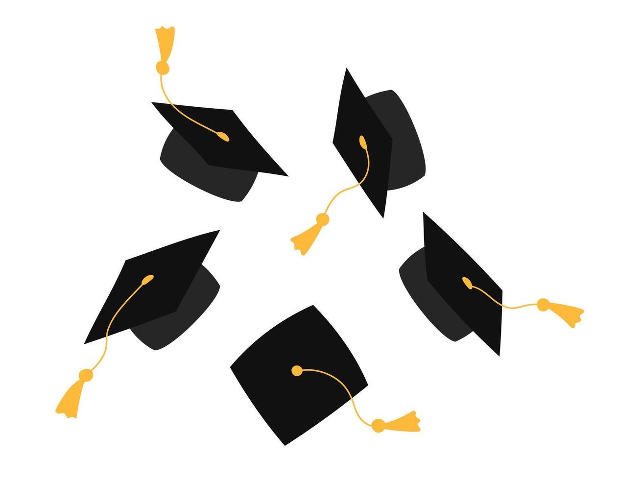 Graduation caps in air isolated flat illustration. Some square academic hats tossed together. Mortarboards thrown up. High school, college, academy graduate symbols. vector