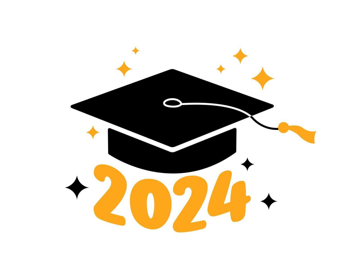 Graduation 2024 greeting card, poster. flat illustration. Black color academic cap and golden 2024 numbers on white background. Mortarboard graduate symbol. vector