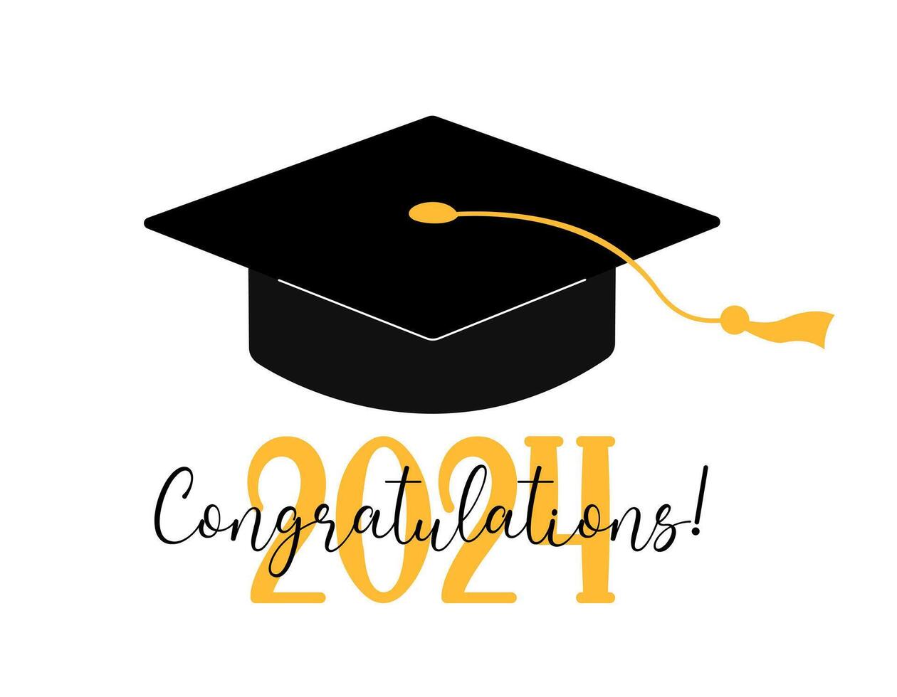 Graduation 2024 Congratulations text greeting card, poster. flat illustration. Black color academic cap and golden 2024 numbers on white background. Mortarboard graduate symbol. vector