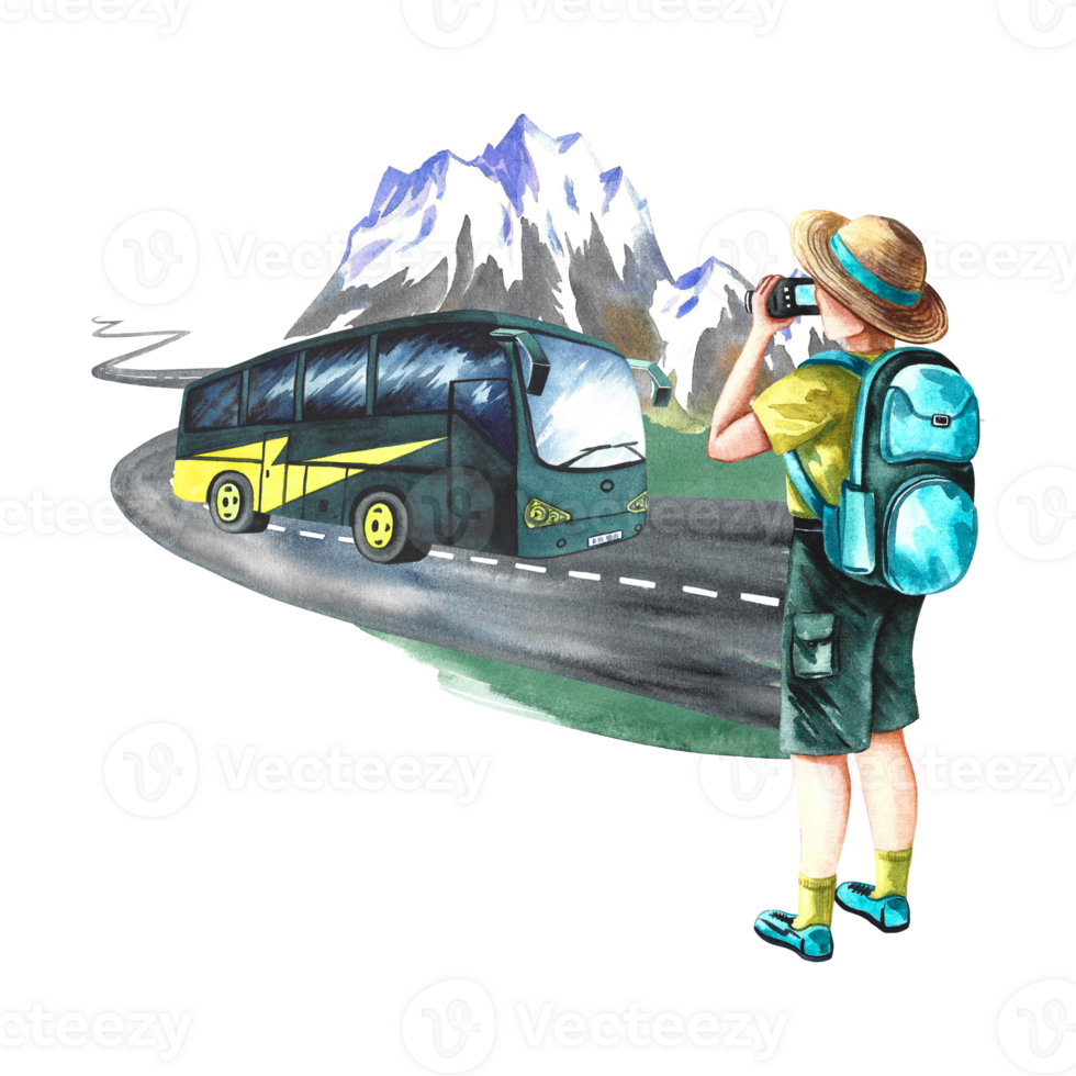 A tourist with a camera on the background of mountains and a tourist bus. isolated. watercolor hand drawn illustration. Designed for flyers, banners and postcards. For invitations. png