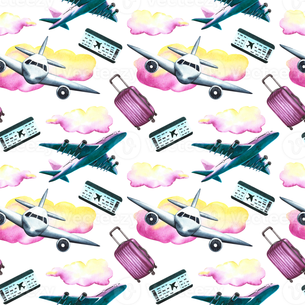 Seamless pattern with passenger planes, suitcases, tickets and clouds. Watercolor hand drawn illustration. Designed for backgrounds, flyers, banners. For packaging and textiles. png