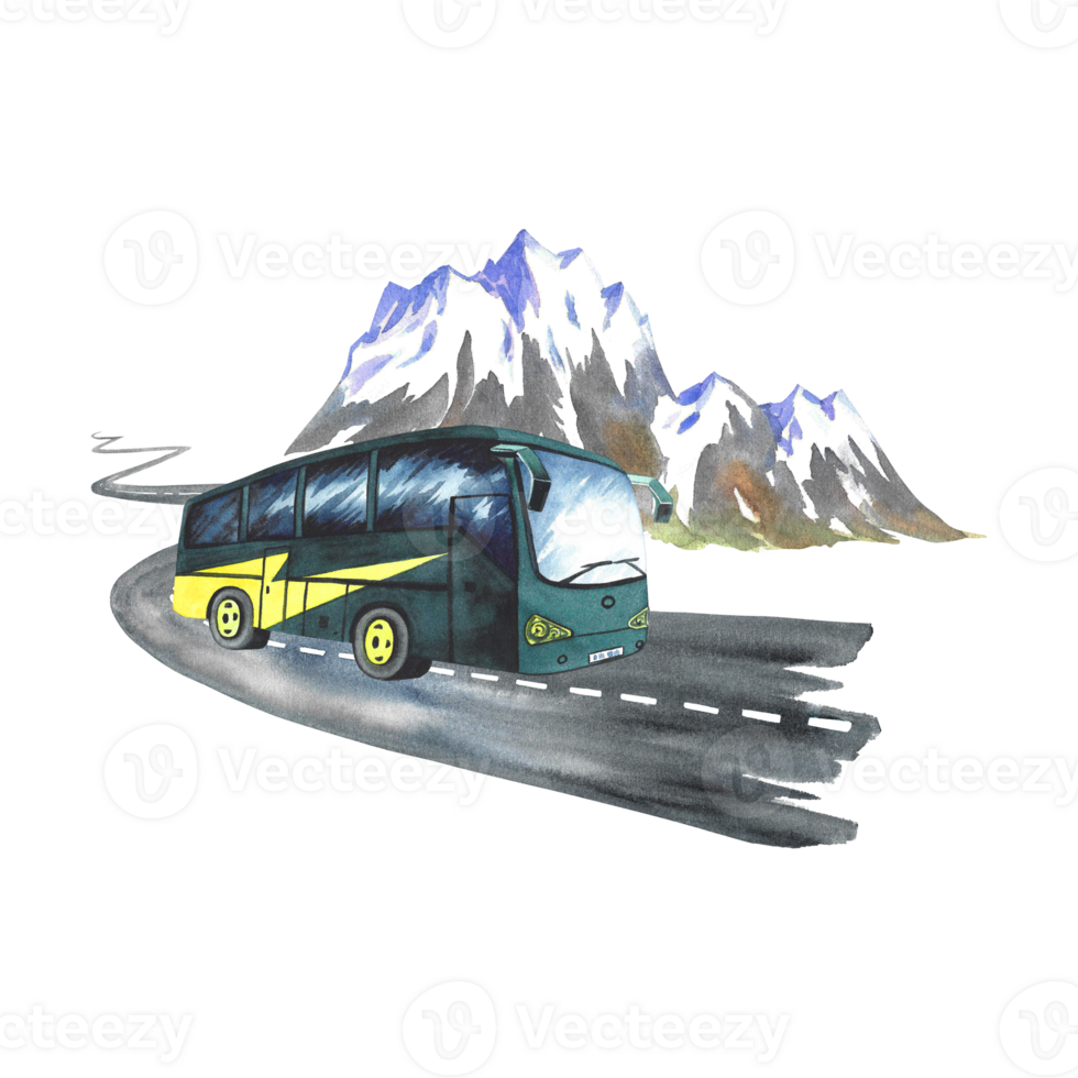 Passenger, tourist bus on the background of snowy mountains. watercolor hand drawn illustration. Designed for flyers, banners and postcards. For invitations, posters, stickers and prints. png