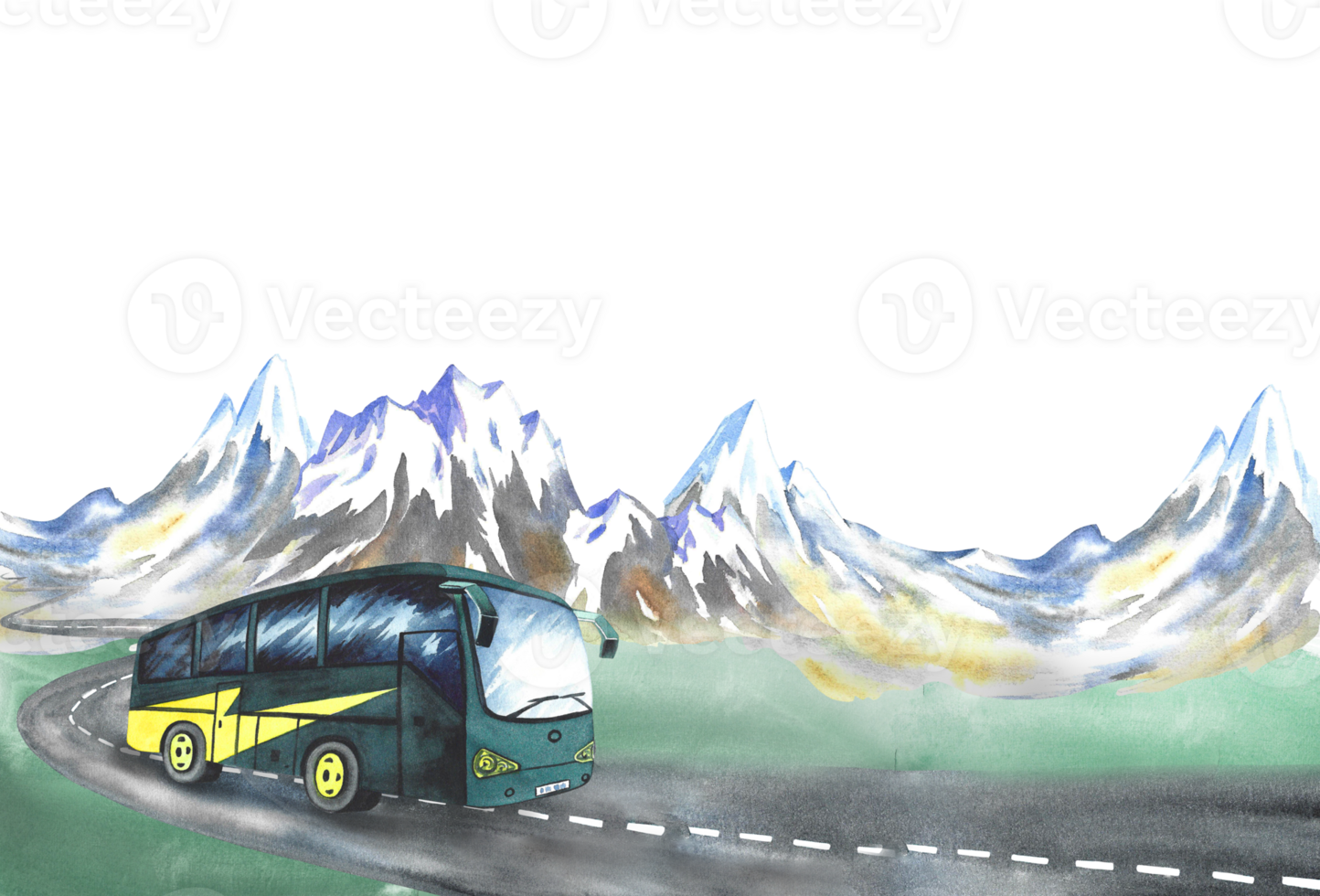 Passenger, tourist bus on the background of snowy mountains. Banner, watercolor hand drawn illustration. Designed for flyers, banners and postcards. For invitations, posters, stickers and prints. png