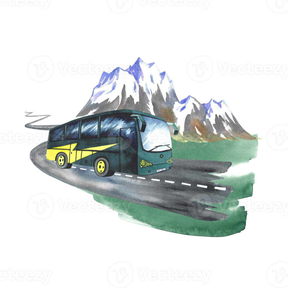 Passenger, tourist bus on the background of snowy mountains. watercolor hand drawn illustration. Designed for flyers, banners and postcards. For invitations, posters, stickers and prints. png