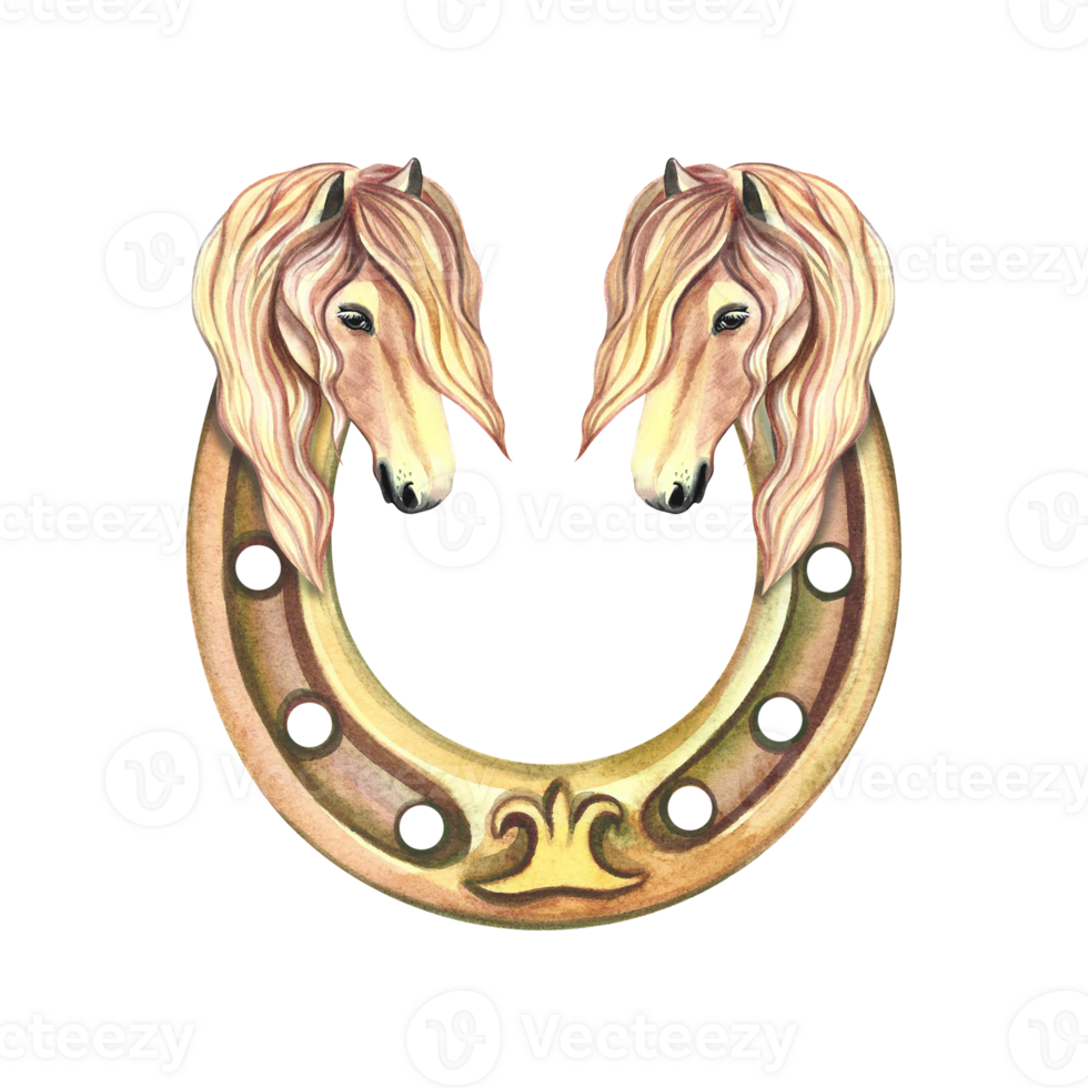 A golden horseshoe decorated with portraits of horses is a beautiful mare. Watercolor handmade. For printing, stickers png