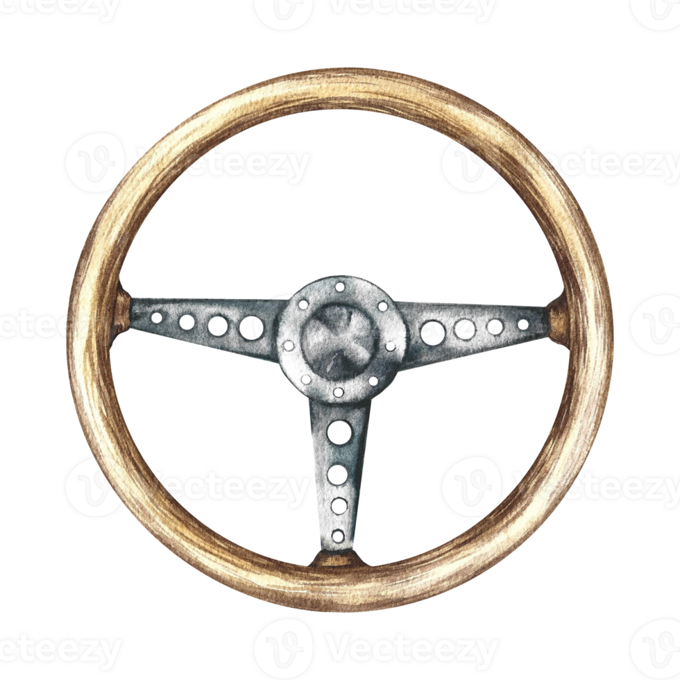 Vintage car steering wheel. Steering wheel silhouette, vintage wooden classic car auto parts. A hand-drawn watercolor illustration. Isolate. The design element of a banner, flyer, poster, packaging. png