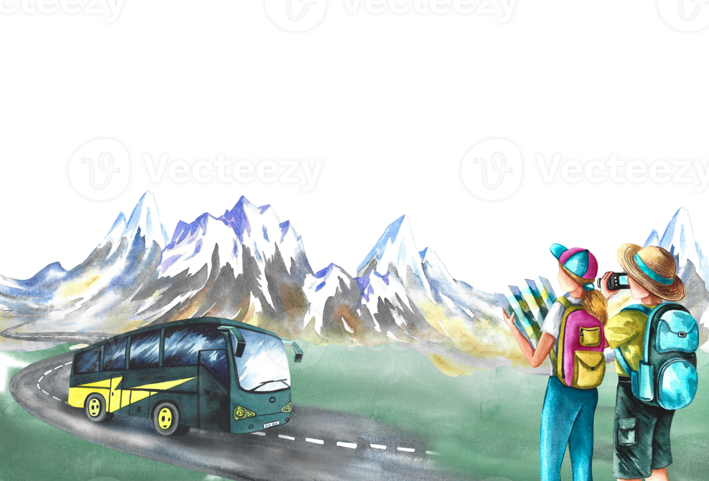 Tourists with a map and a camera on the background of mountains and a tourist bus. watercolor hand drawn illustration. Designed for flyers, banners and postcards. For invitations and posters. png