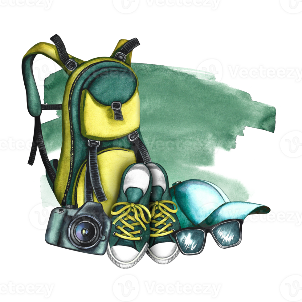 Travel composition. With the image of a backpack, a camera, sneakers and a cap. Watercolor hand-drawn illustration. Designed for flyers, banners and postcards. For invitations, posters and labels. png