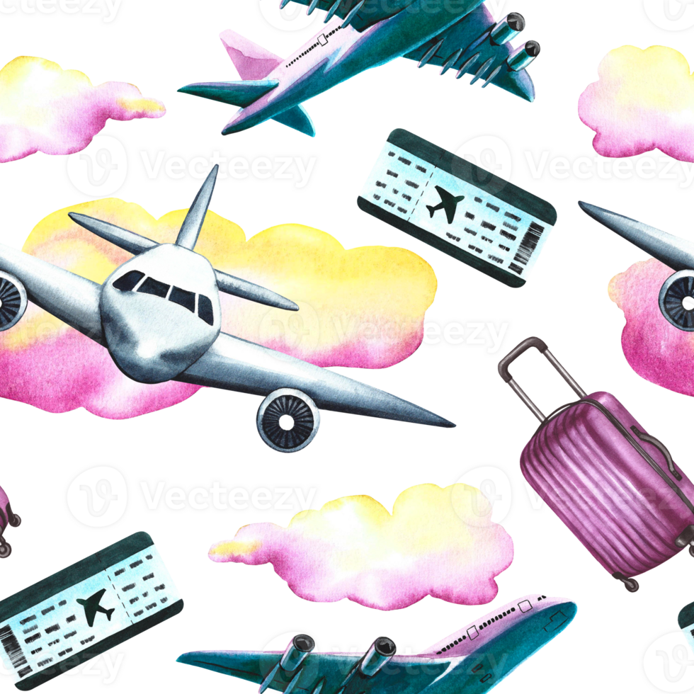 Seamless pattern with passenger planes, suitcases, tickets and clouds. Watercolor hand drawn illustration. Designed for backgrounds, flyers, banners. For packaging and textiles. png