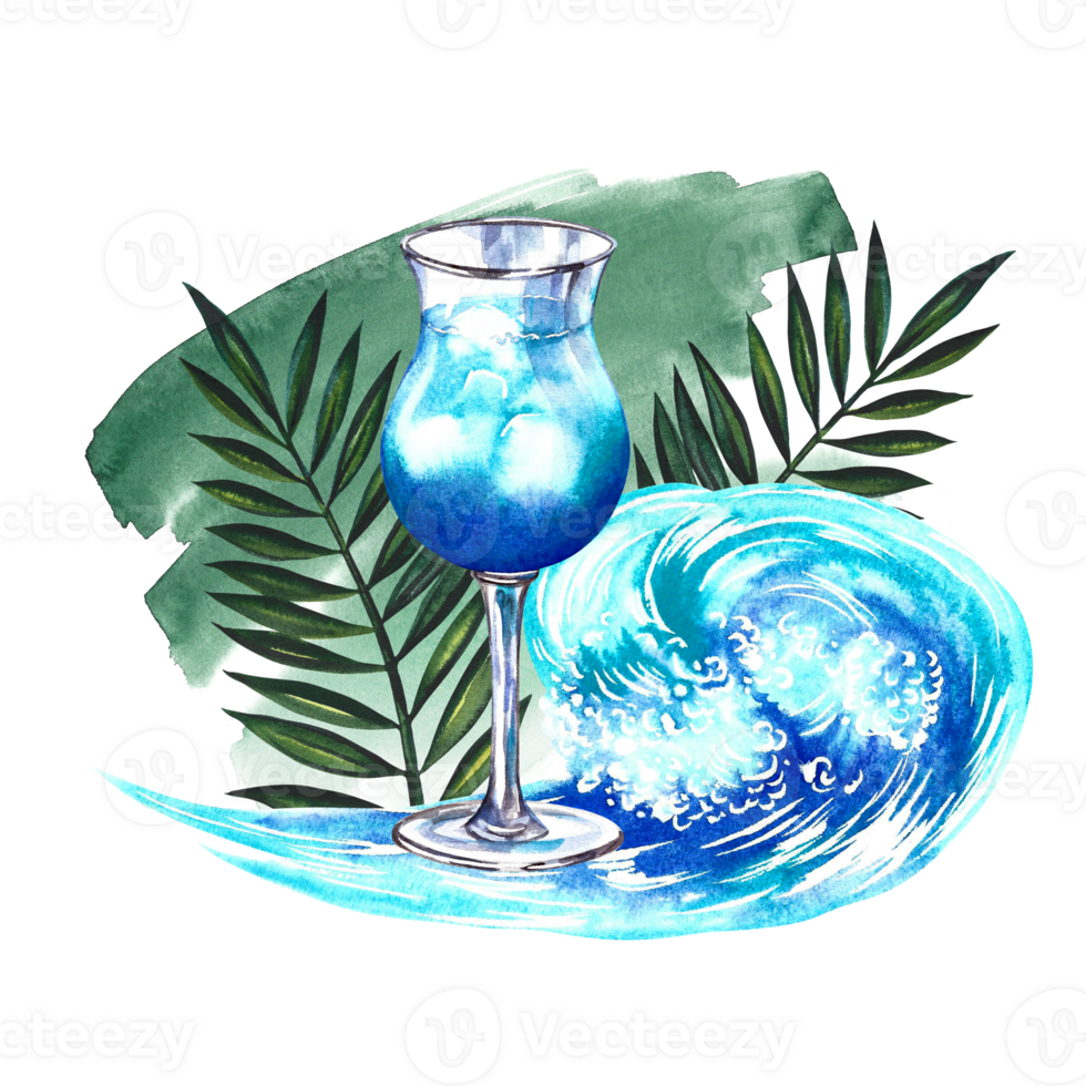 Blue Lagoon Cocktail. Composition depicting a blue drink and a sea wave. Watercolor hand drawn illustration. For the design of menus, flyers, banners, postcards. For invitations, posters, labels. png