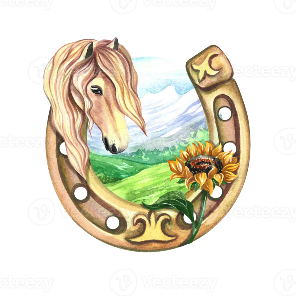 en hästsko med en solros i de berg landskap med en porträtt av en häst. vattenfärg målad förbi hand. ikon för utskrift, klistermärken och etiketter. för vykort, företag kort. png