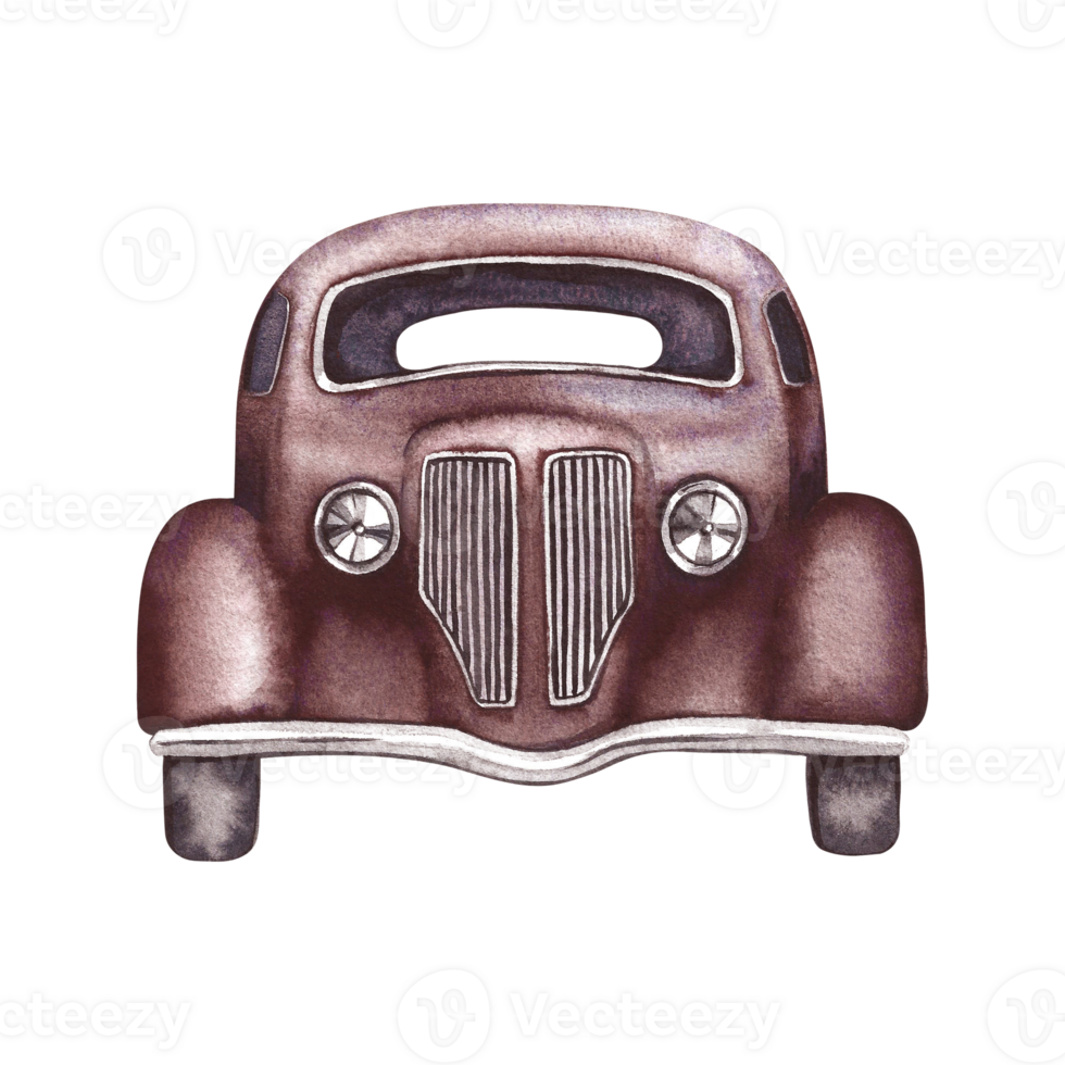 Vintage retro car in dark red color, front view. Watercolor illustrations are made by hand, in isolation. For banners, flyers, posters. For prints, stickers, postcards. png