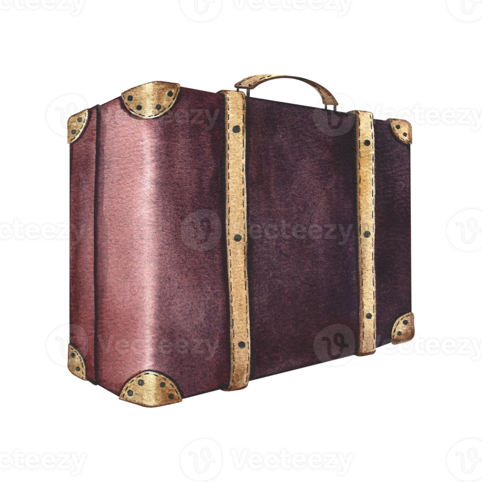 A vintage suitcase. Hand-drawn watercolor illustration of vintage luggage. Isolate. The drawing of the retro card is in dark red and purple. For banners, flyers, posters. For postcards and tickets. png