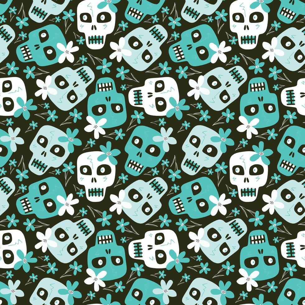 cartoon seamless pattern with funny skulls with a flowers vector