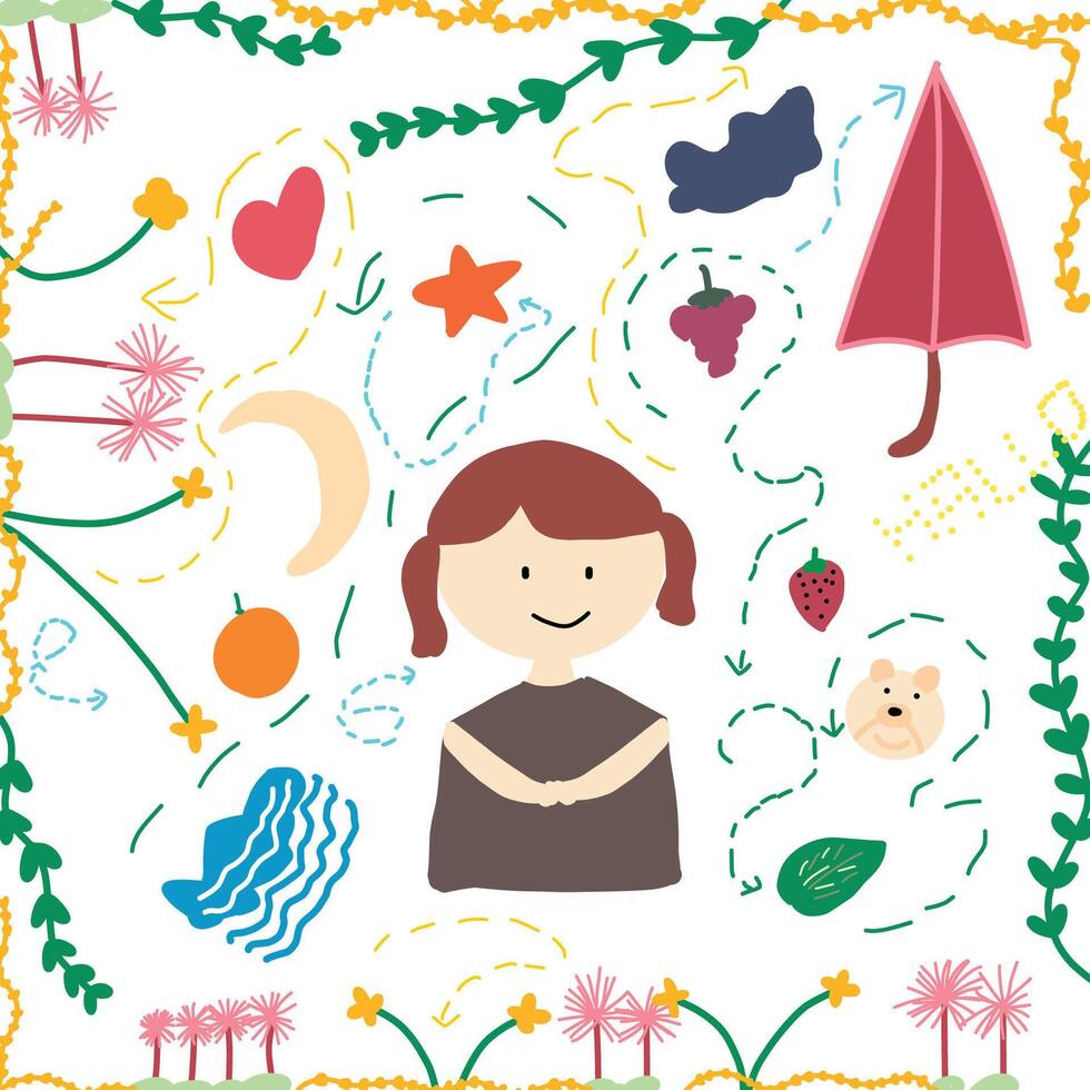 children drawing girls and natural objects and fruits vector