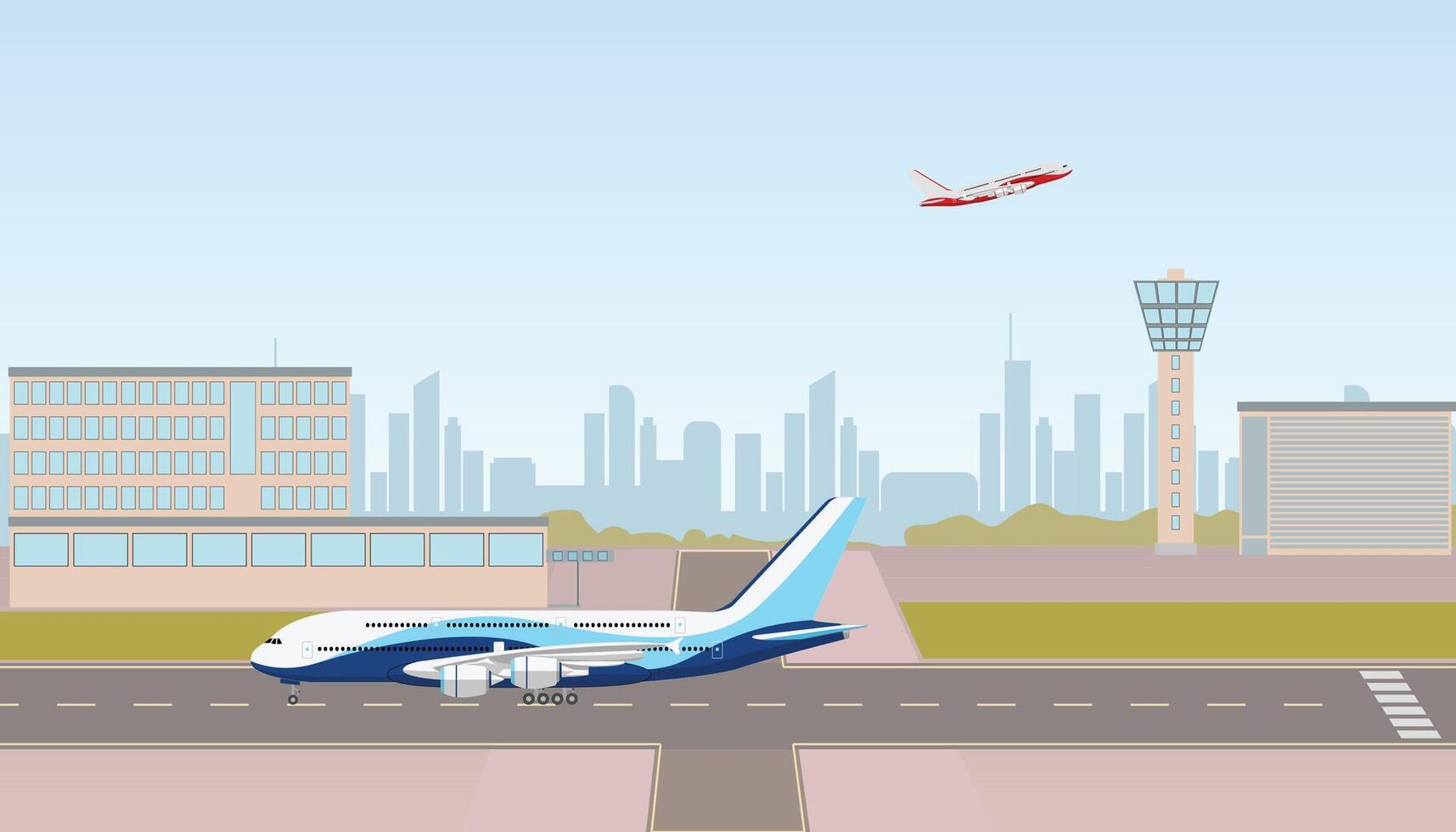 Airplane in runway airport terminal building landscape skyline illustration vector