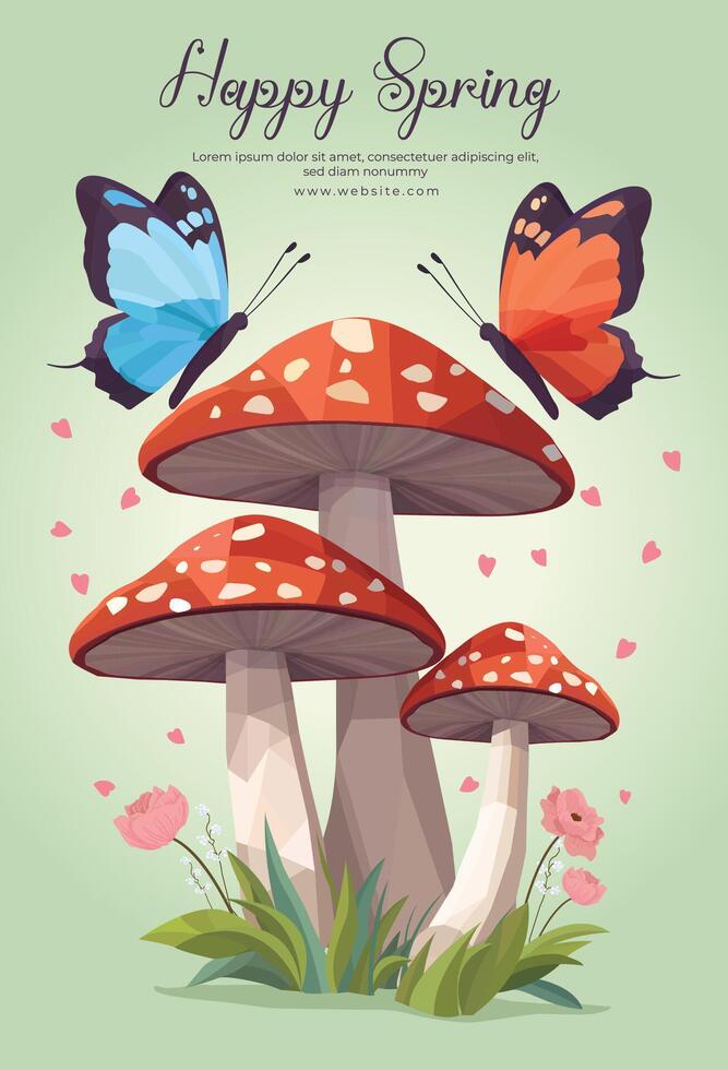 Happy spring poster template with low poly two butterflies and mushrooms geometric polygonal style vector