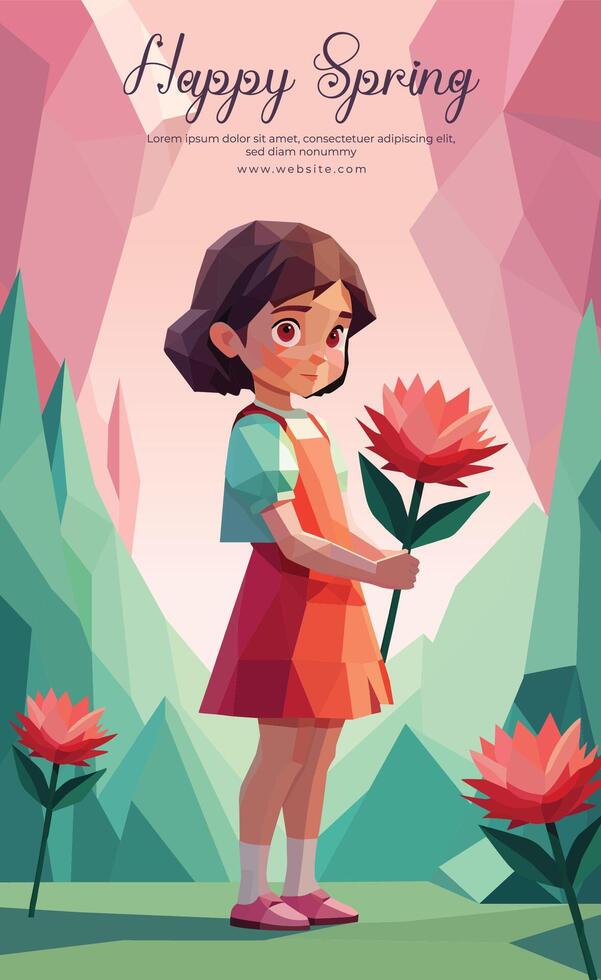 Travel time poster template with low poly little girl holding a red flower geometric polygonal style vector