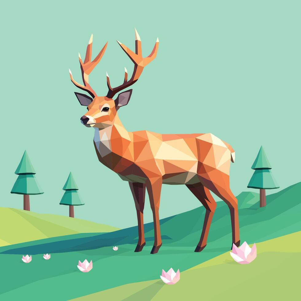 Low poly deer with flowers and nature geometric polygonal style vector