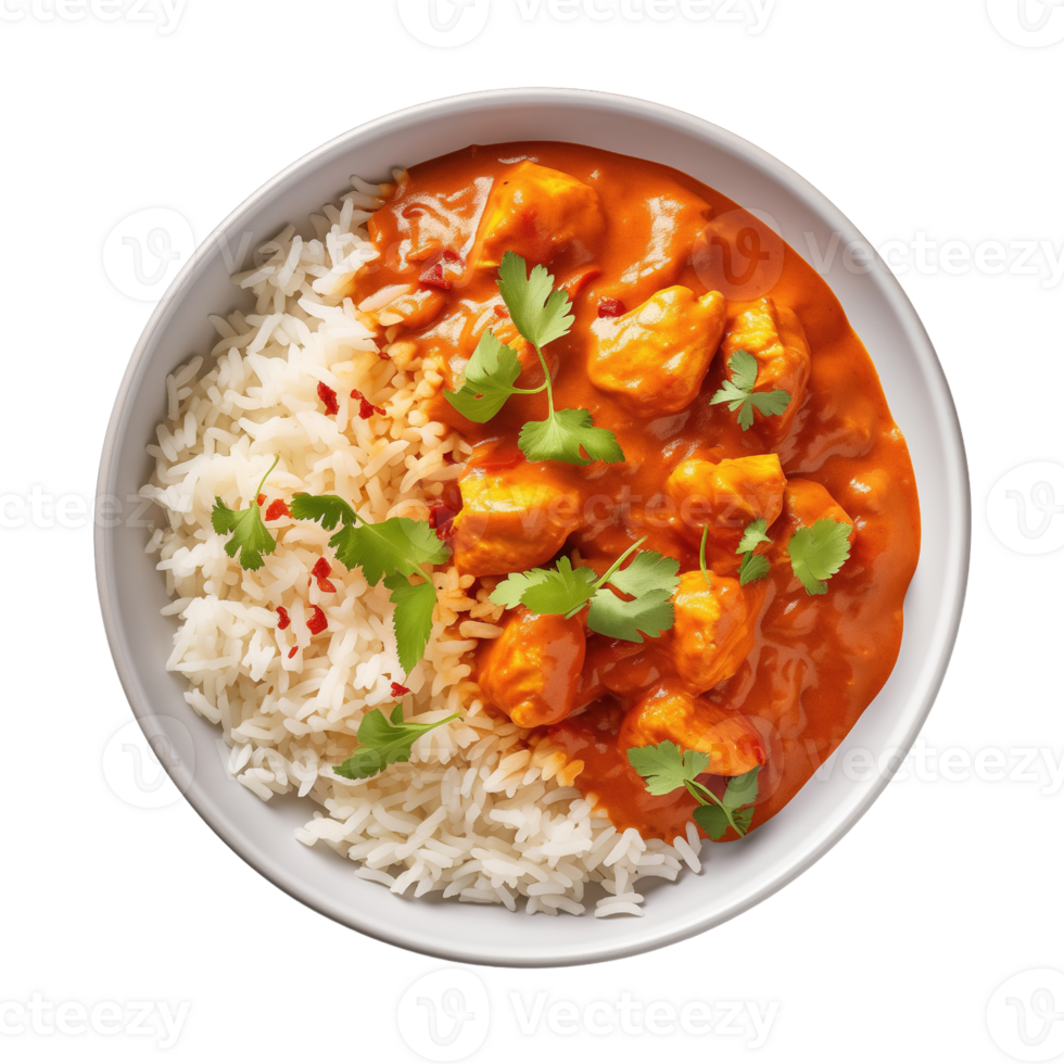 Spicy curry chicken tikka masala served with rice isolated on transparent background png