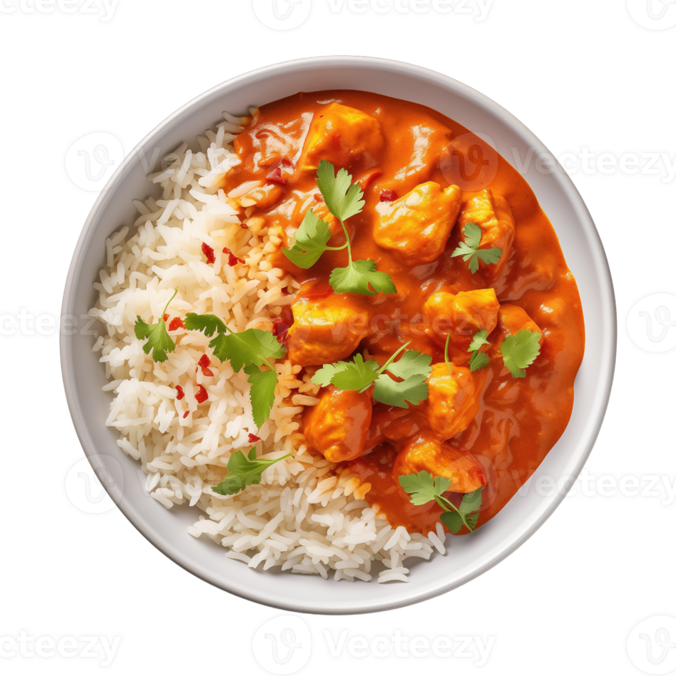 pittig kerrie kip tikka masala geserveerd met rijst- geïsoleerd Aan transparant achtergrond png