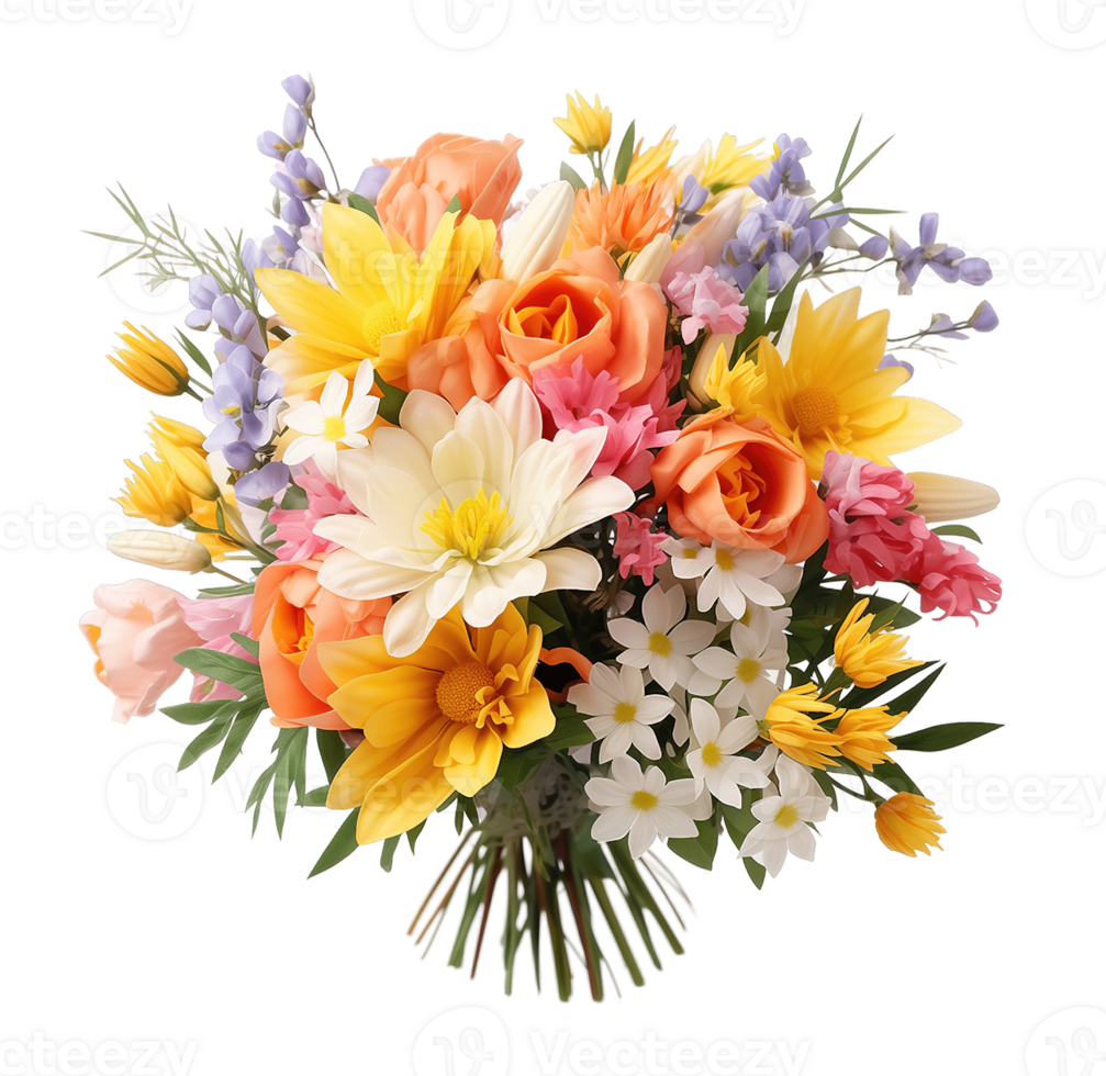 Bouquet colorful spring flowers isolated on transparent background png